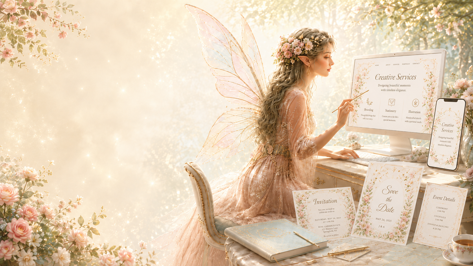 Fairy-inspired creative workspace representing website design, invitations, branding, and digital services by Fairy Service